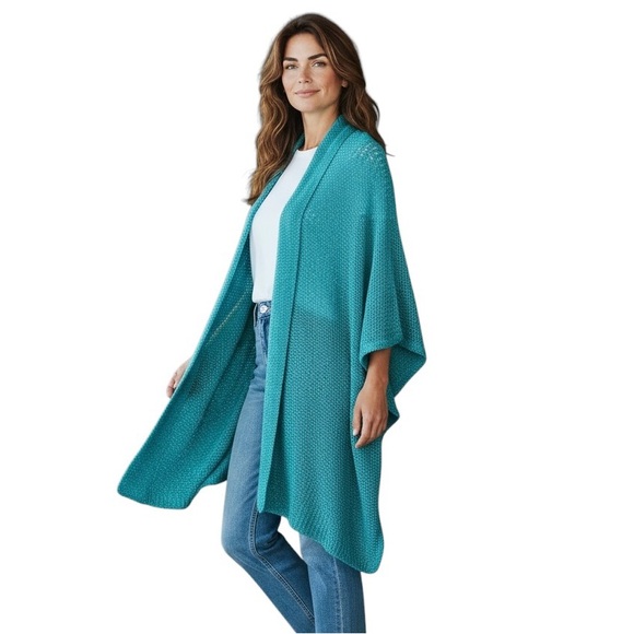 Chico's Sweaters - Chico’s Aqua Blue Sleeved Crochet Knit Shawl Wrap Cape Sweater Size Small/Medium